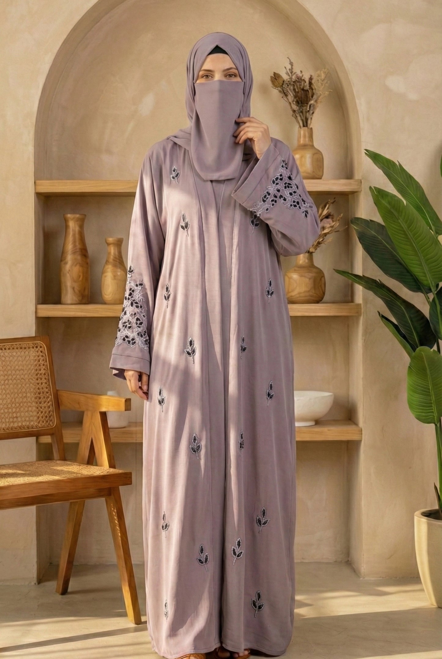 Hooria || Dusty Lavender Abaya || Lustrous Nida Fabric