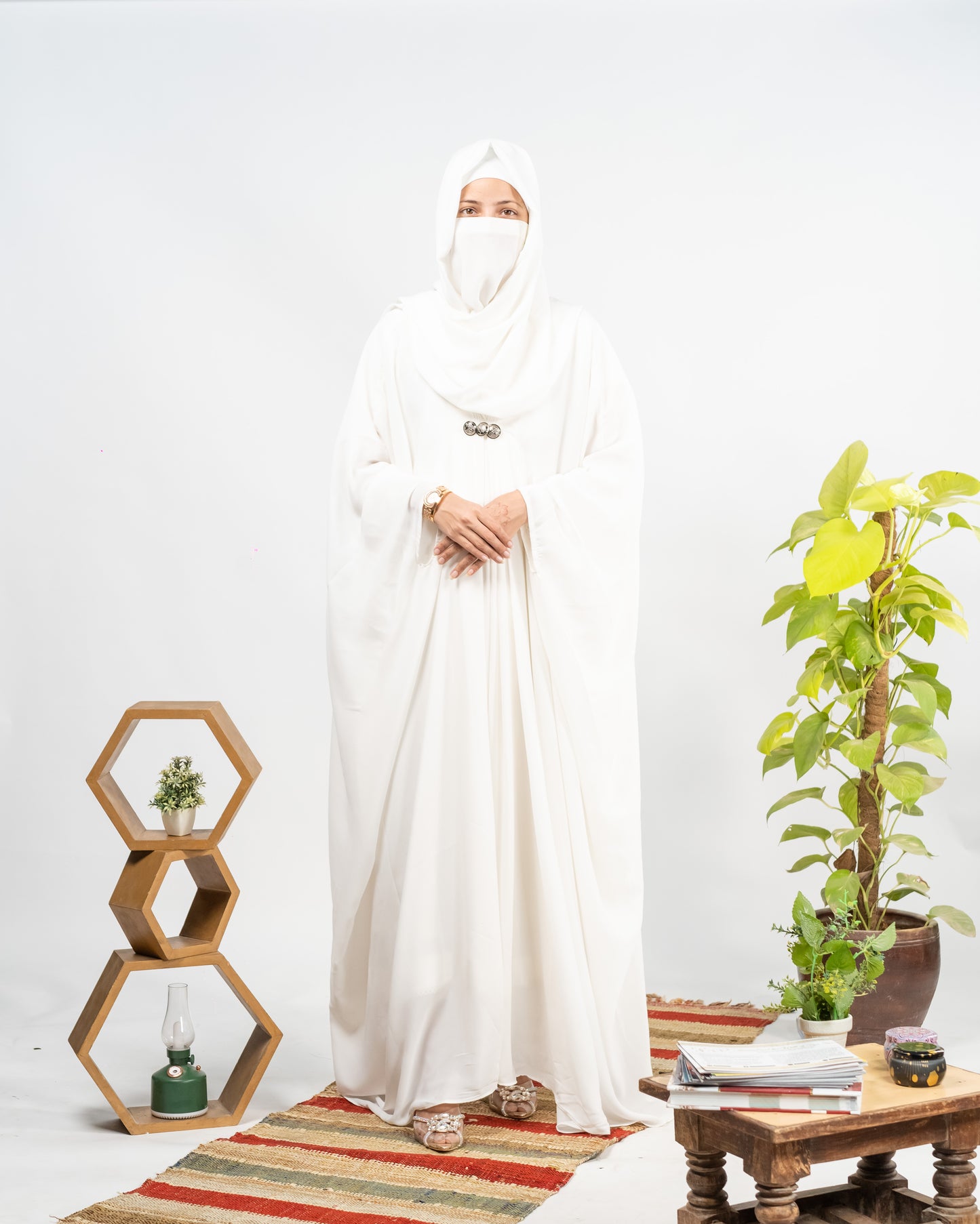 Afreen || Pearl White Abaya || Manjan Fabric