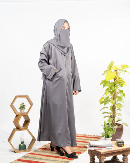 Maheen || Grey Hoodie Abaya || Double Georgette Abaya