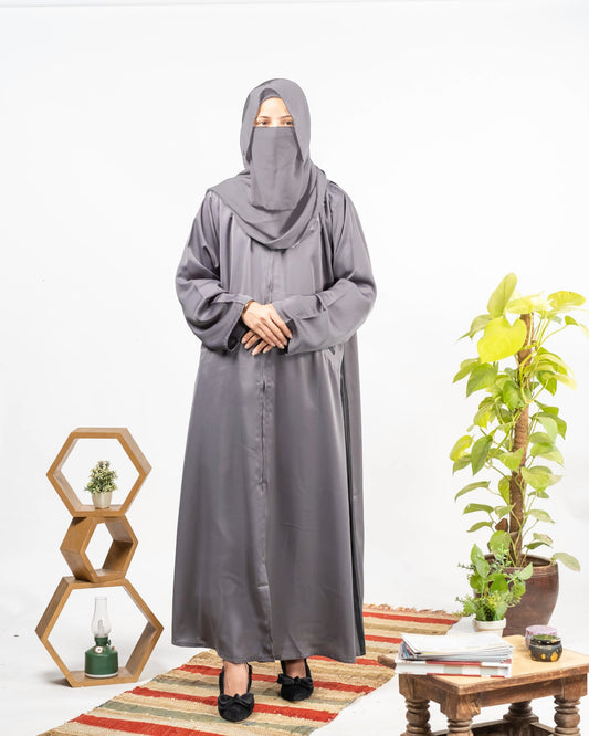 Maheen || Grey Hoodie Abaya || Double Georgette Abaya